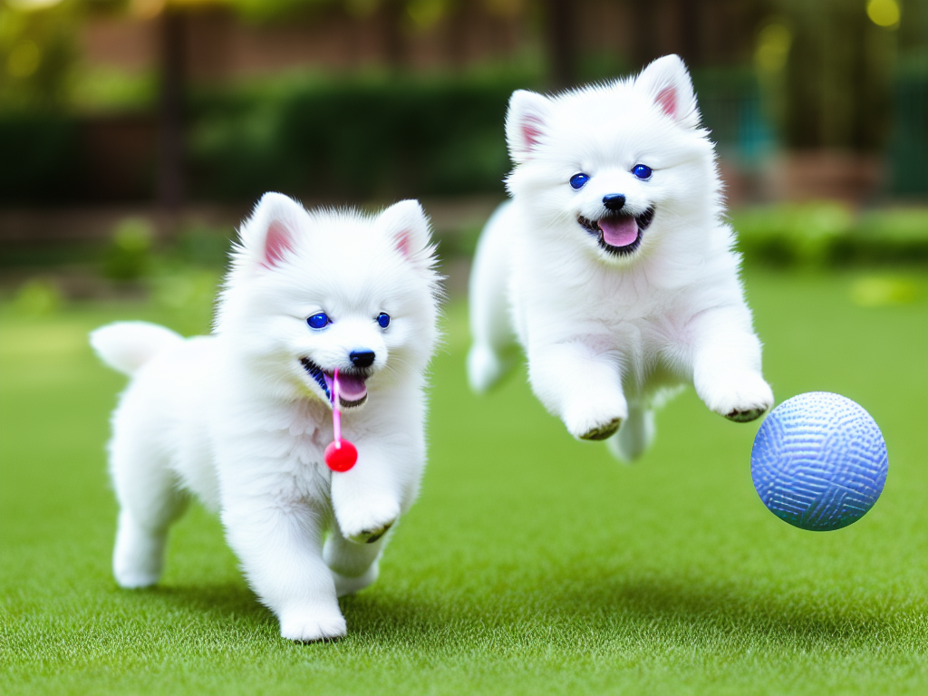 White Pomeranian puppy playing with a ball