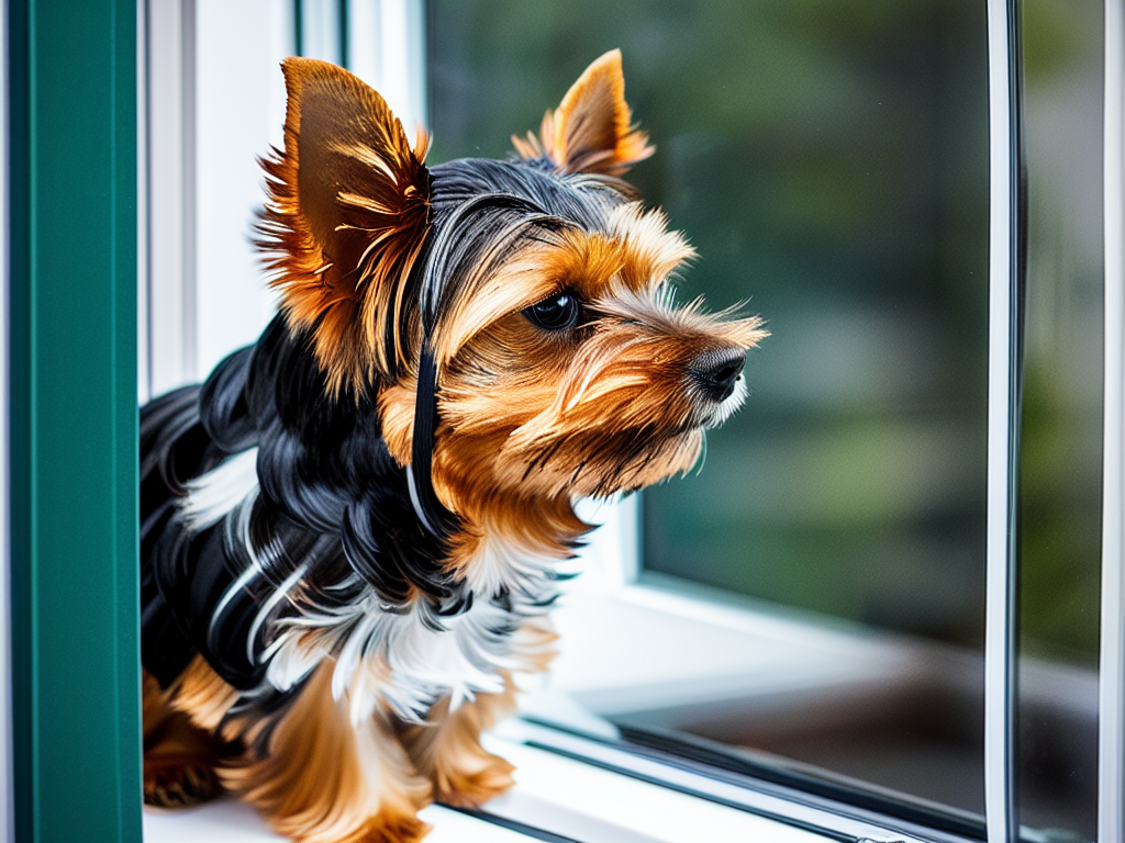 Yorkshire Terrier sitting looking out of a window