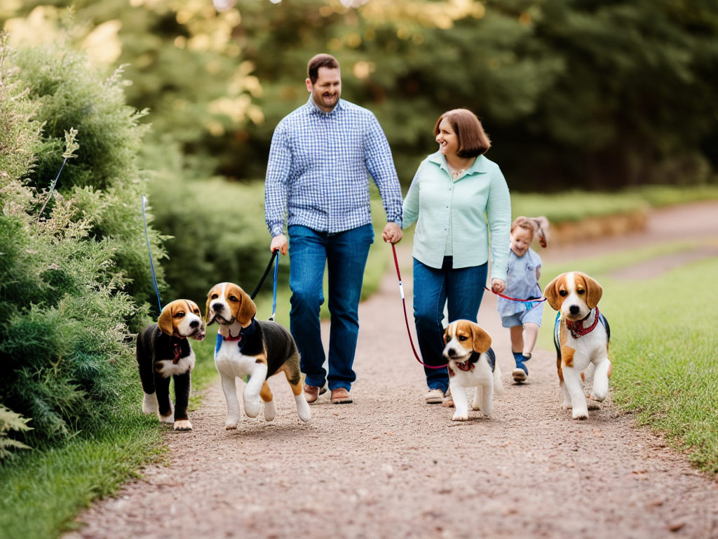 beagle puppy walking with family