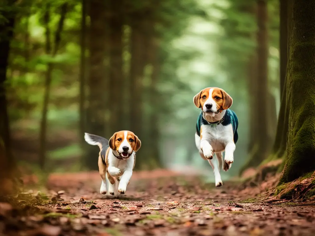 beagle running in the forest