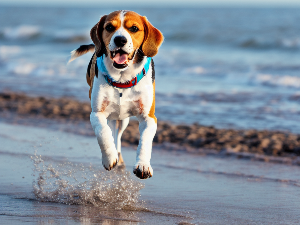 beagle running on the beach