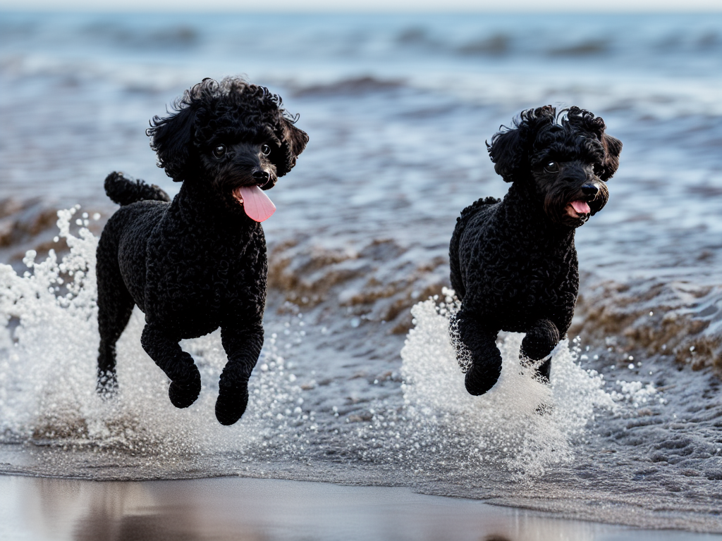 black miniature poodle running on the beach