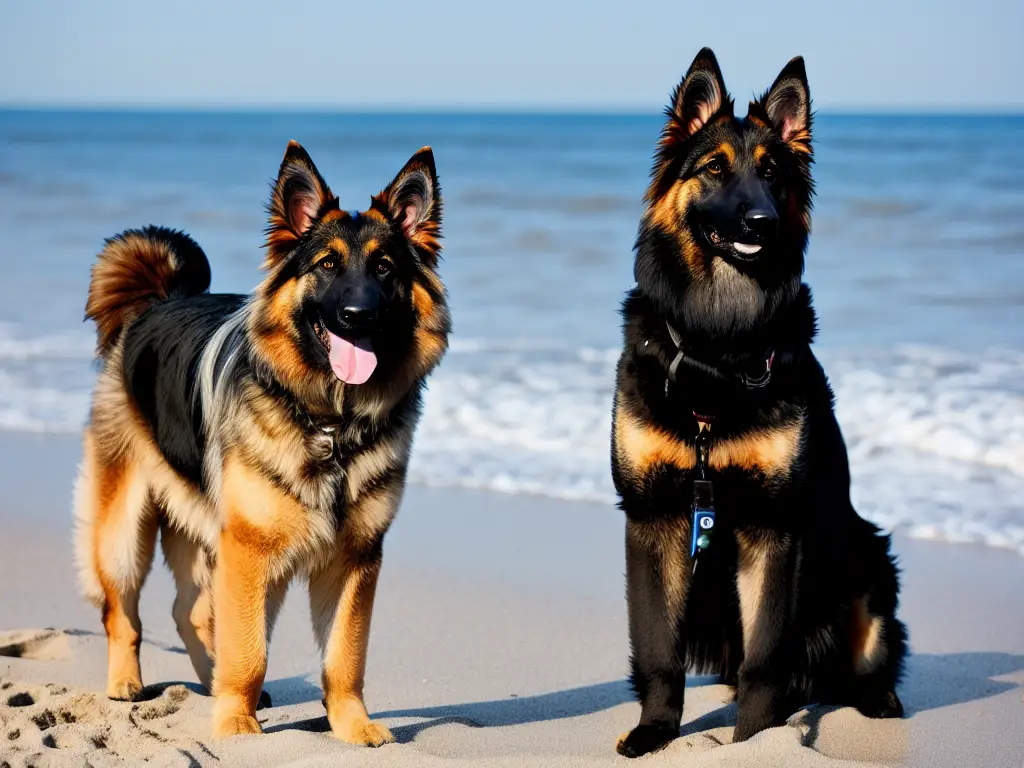 long hair german shepherd dog at the beach