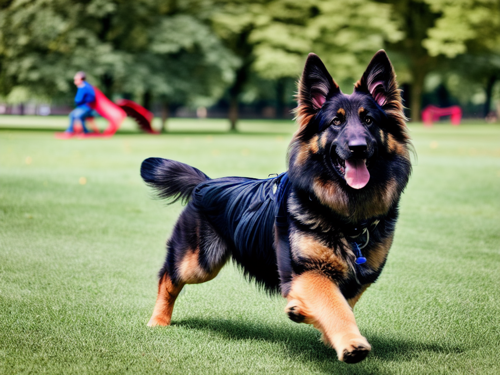 long haired german shepherd dog playing at the park