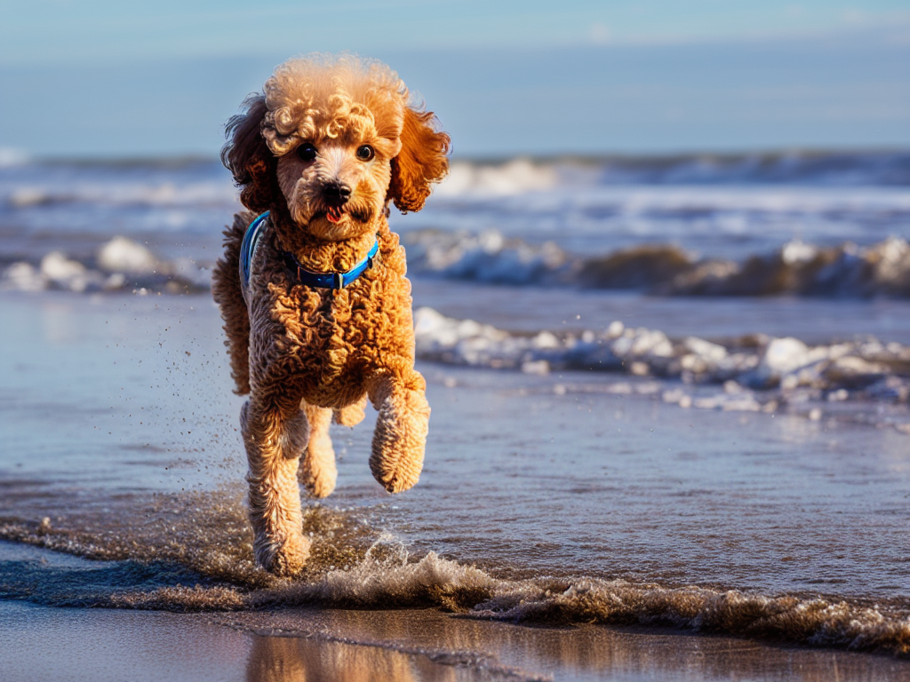 miniature poodle running on the beach