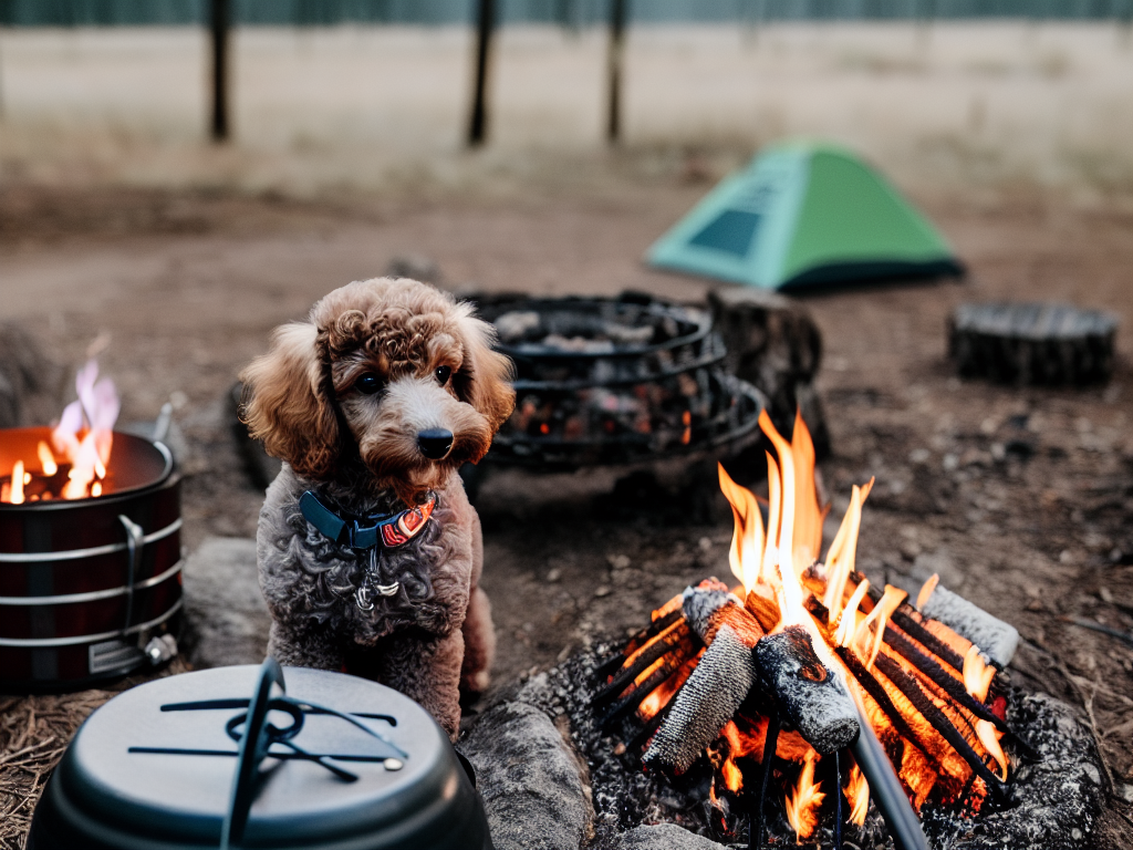 miniature poodle sitting next to a campfire