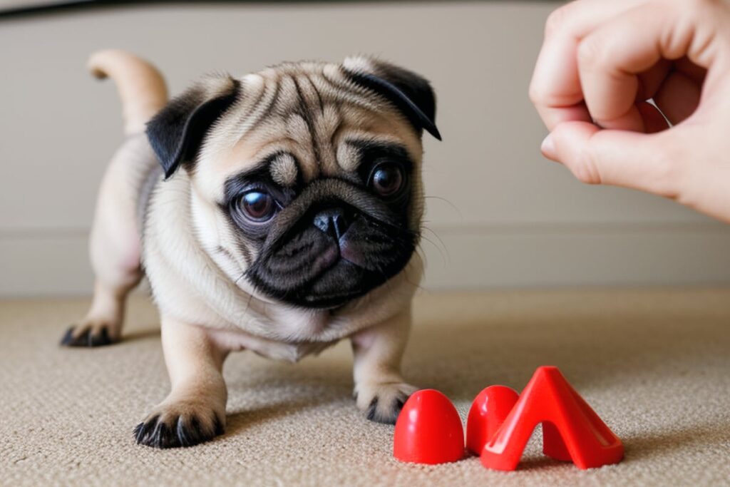 pug puppy engaging in an interactive game