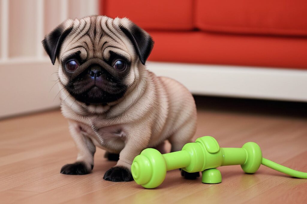 pug puppy sitting on a toy