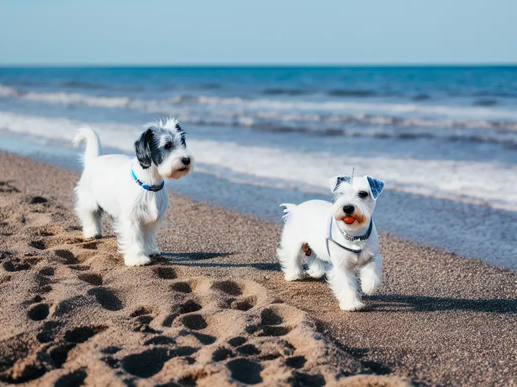 pure white miniature schnauzer walking at the beach