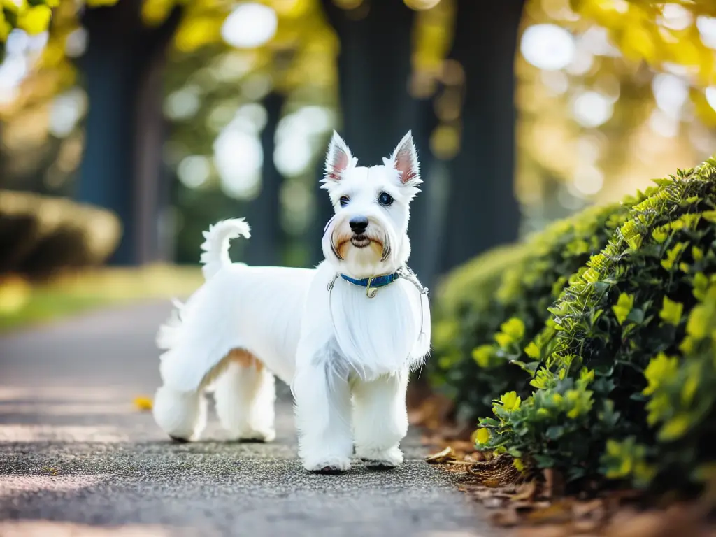 pure white miniature schnauzer walking in the park 1