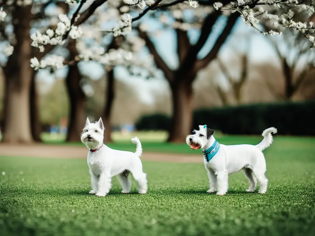 pure white miniature schnauzer walking in the park