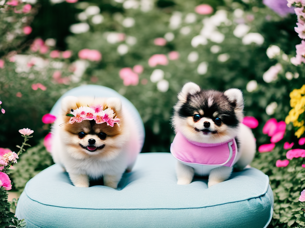 teacup Pomeranian sitting on a plush pastel colored cushion surrounded by blooming flowers