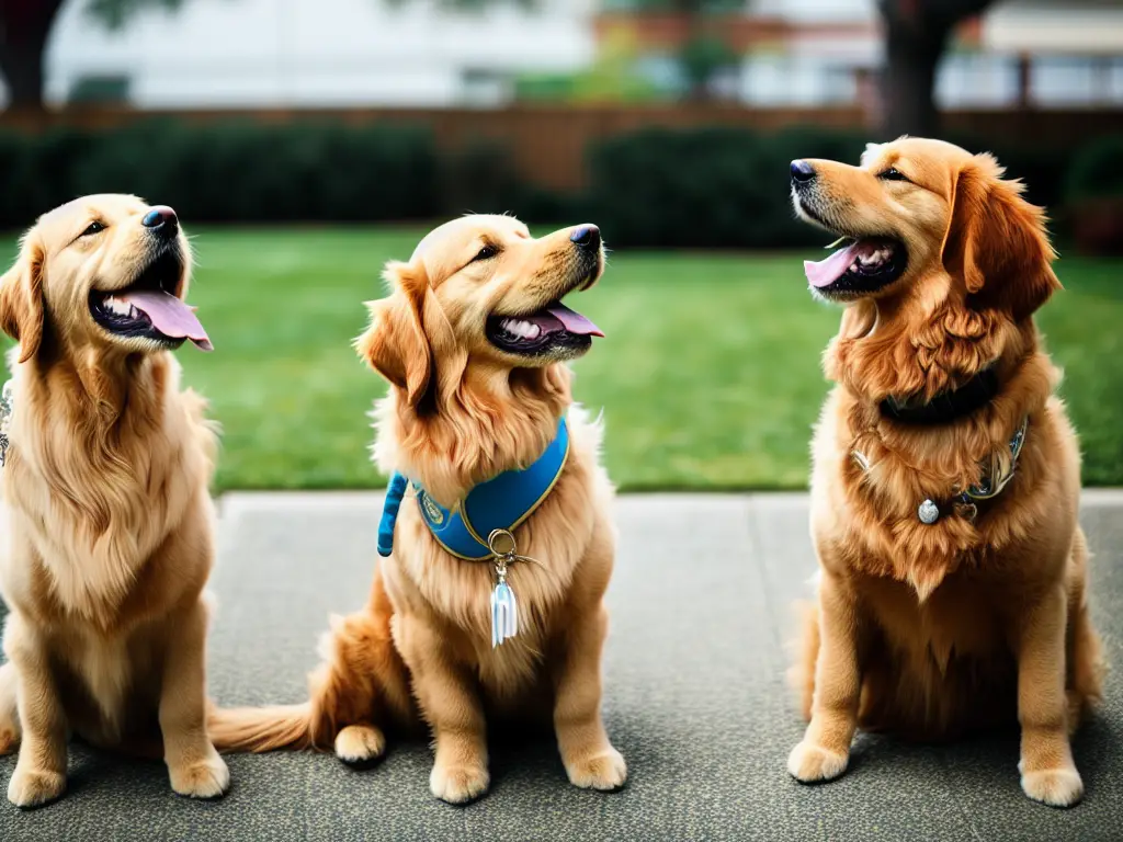 two golden retrievers barking at each other