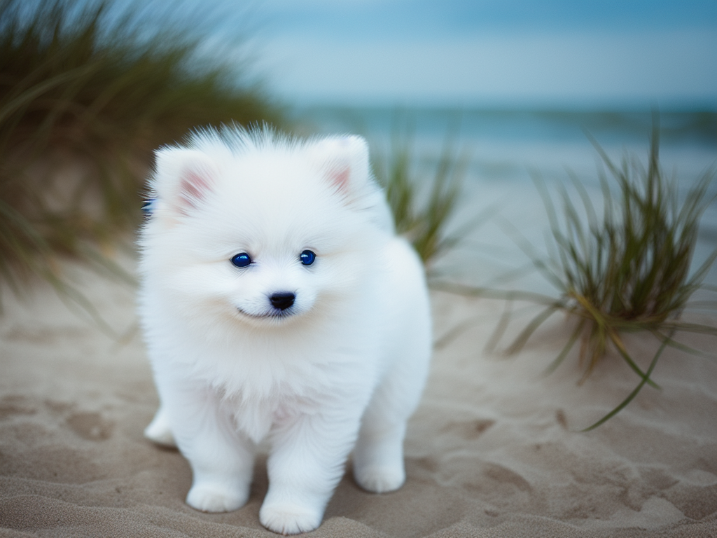 White Pomeranian puppy at the beach