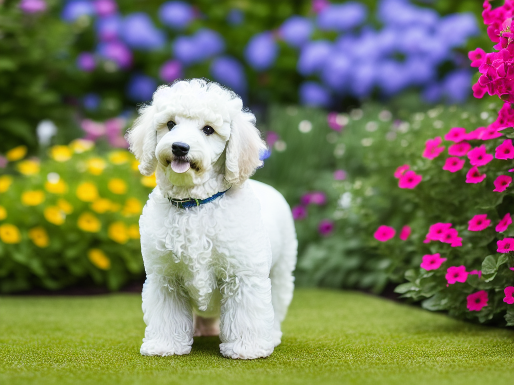 white miniature poodle sitting in the garden