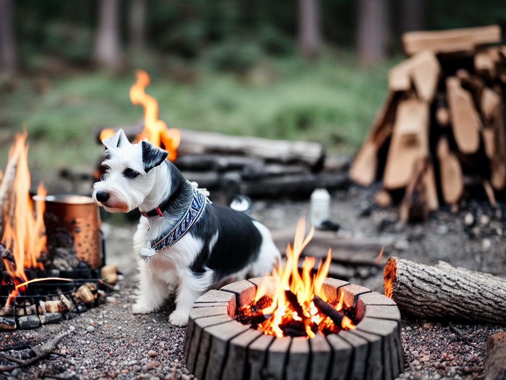 white miniature schnauzer sitting next to a campfire