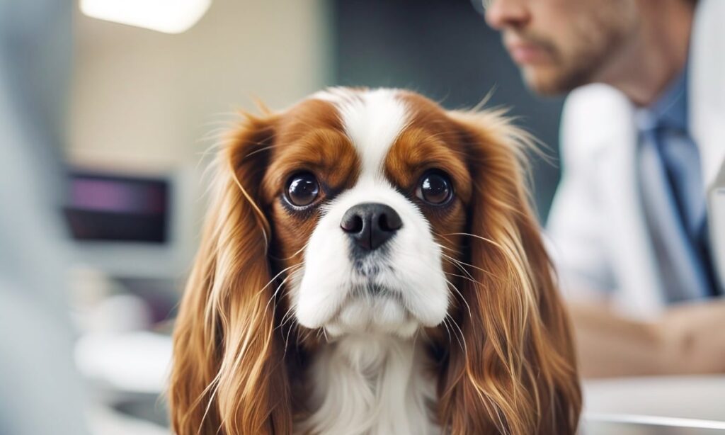 A Cavalier King Charles Spaniel at a veterinary check up