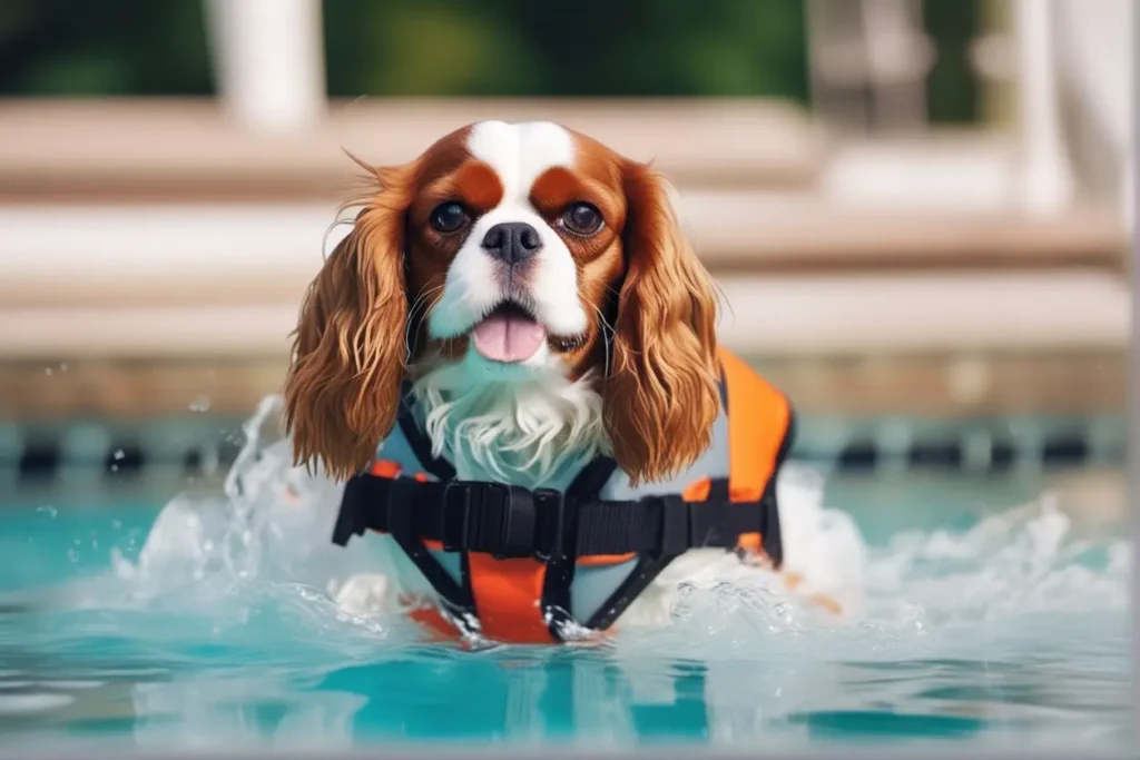 A Cavalier King Charles Spaniel clad in a canine life jacket confidently swimming in a deeper part