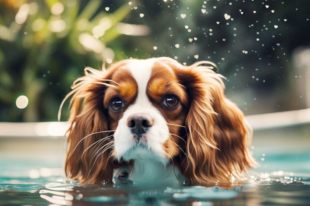 A Cavalier King Charles Spaniel enjoying a swim in a pool