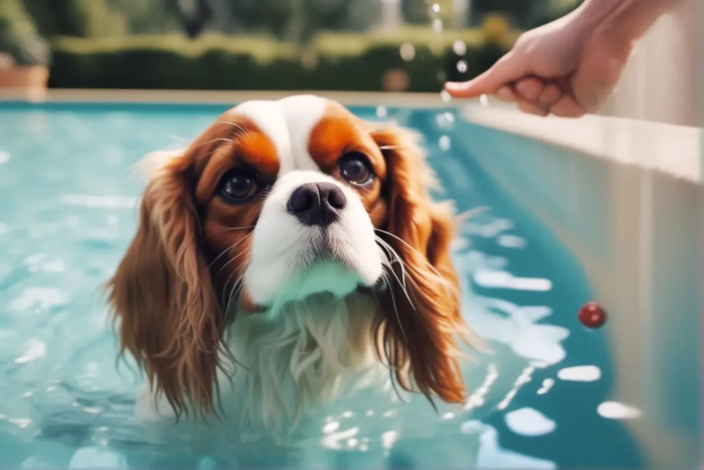 A Cavalier King Charles Spaniel nervously eyeing a deeper portion of a pool with a human hand gently