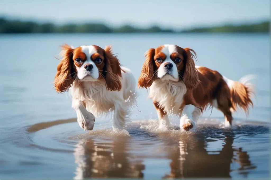 A Cavalier King Charles Spaniel tentatively stepping into a shallow water area a positive reinforce