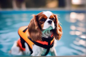 A Cavalier King Charles Spaniel wearing a bright dog life vest and paddling in a swimming pool.