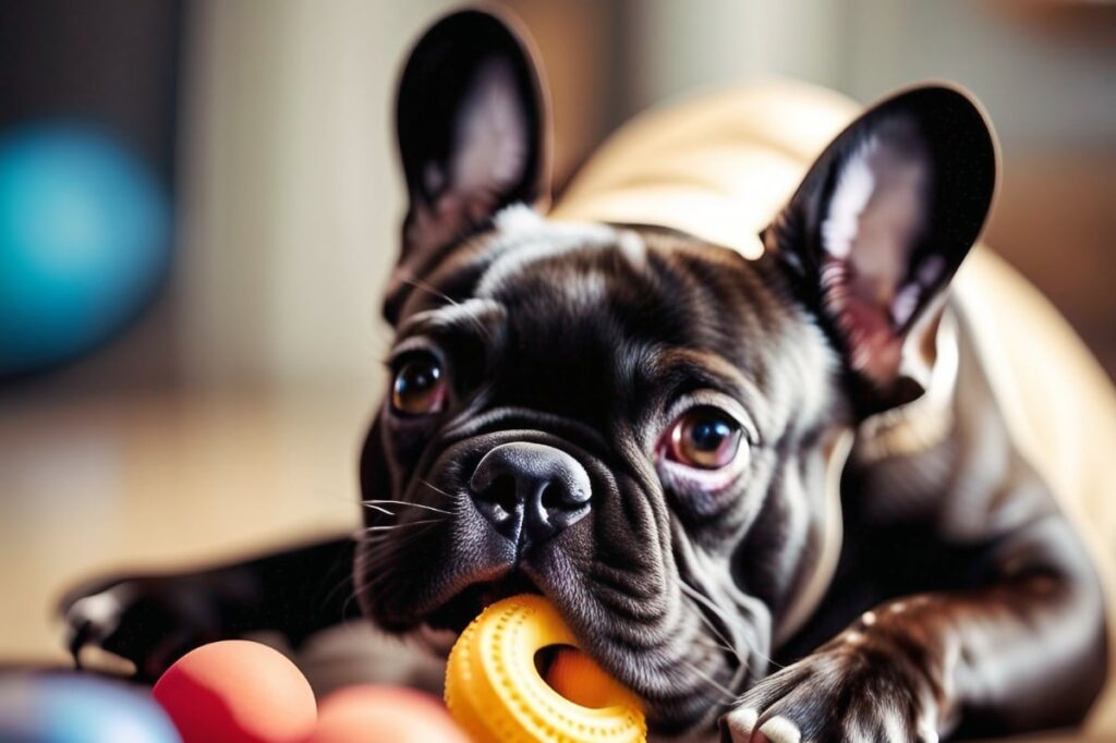 A French Bulldog chewing on a sturdy rubber toy