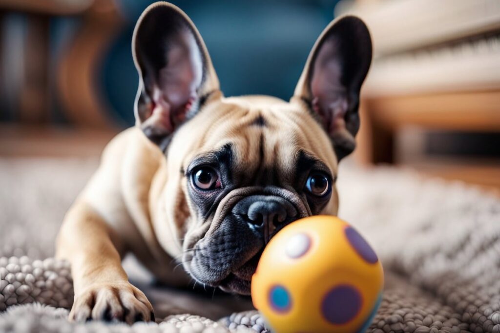 A French Bulldog playing with a toy