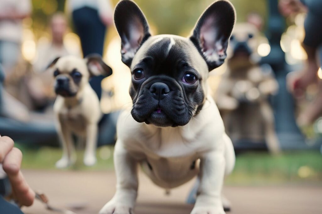 A French Bulldog puppy being introduced to other dogs