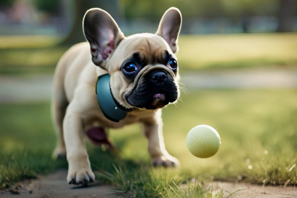 A Frenchie puppy playing fetch in a park
