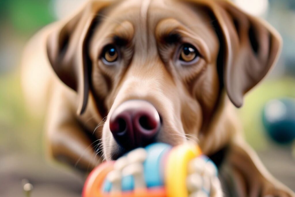 A Labrador Retriever engaged with a challenging toy