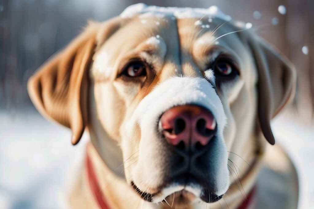 A Labrador Retriever outdoors in the winter