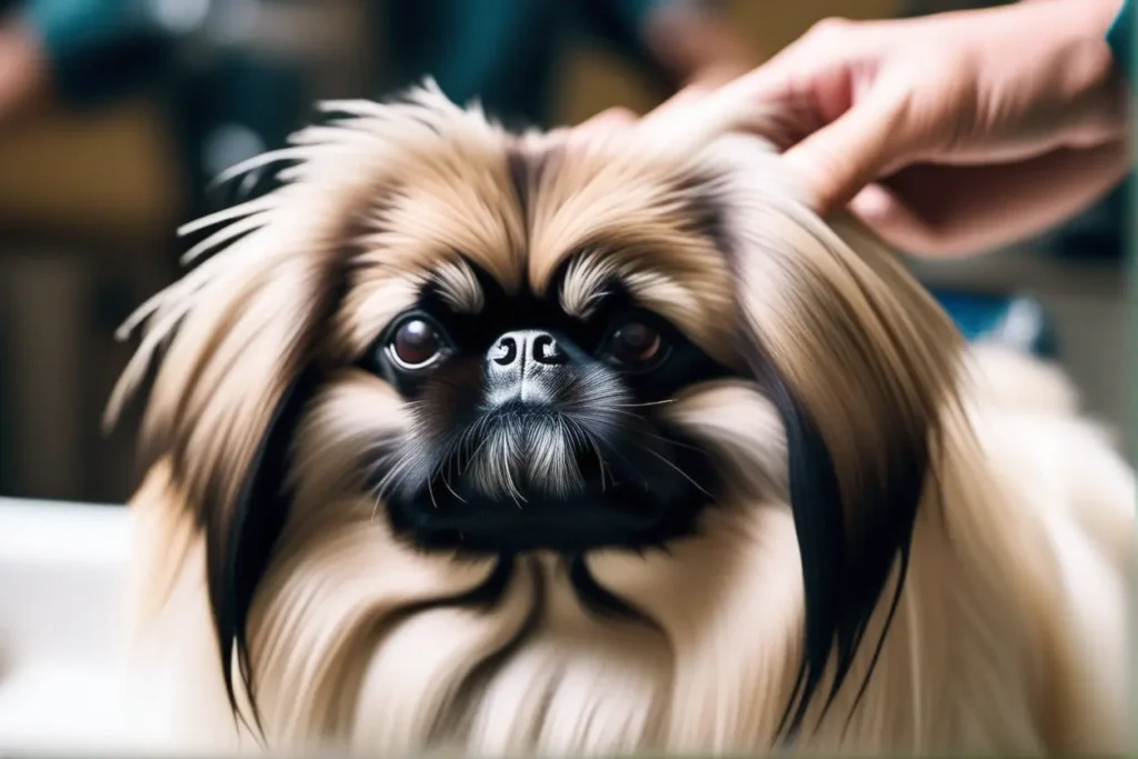 A Pekingese dog during a grooming session emphasizing its long flowing hair and the importance of 