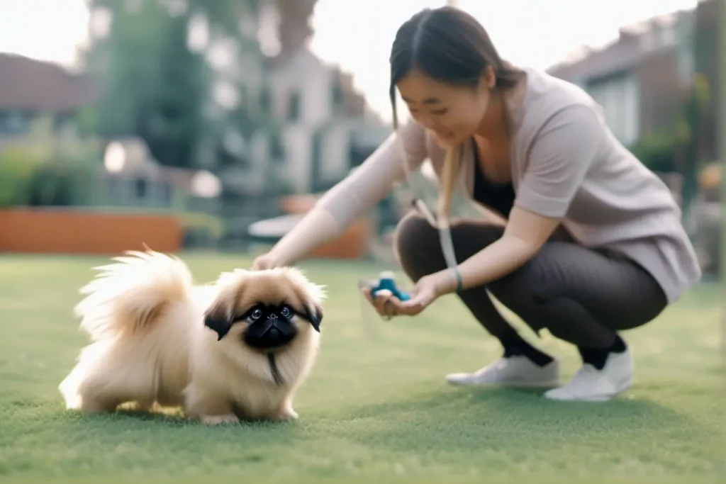 A Pekingese puppy interacting positively with a skilled dog trainer emphasizing the importance of bonding