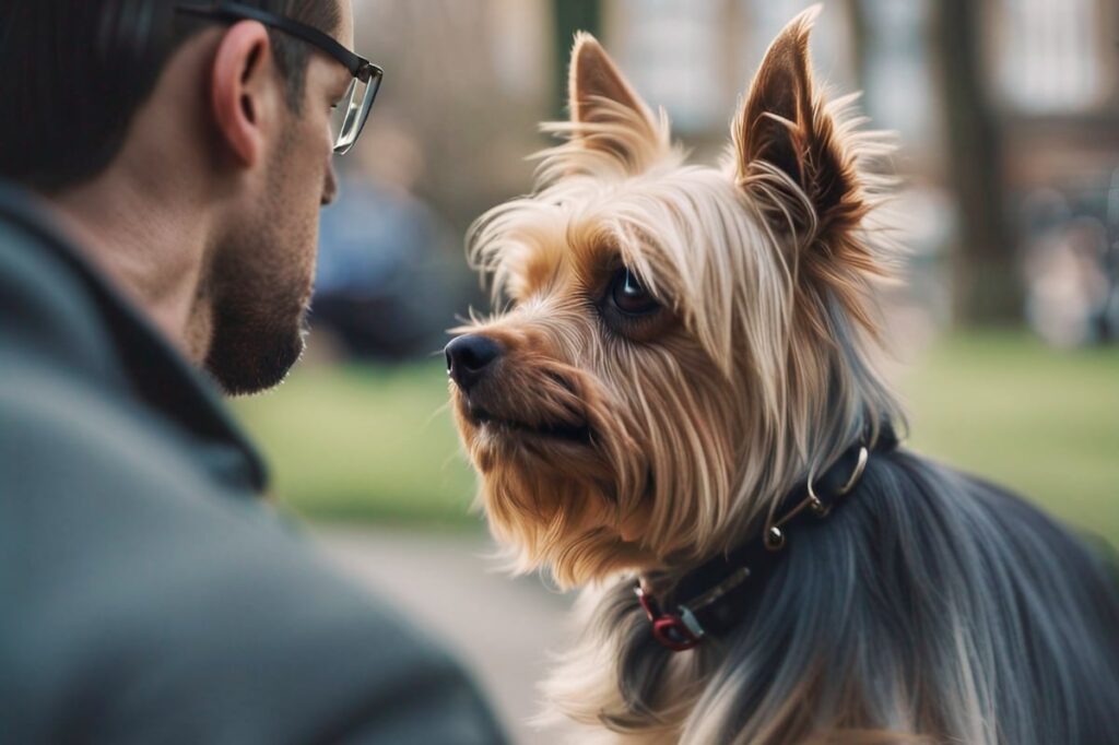 A Yorkshire Terrier gazing lovingly at its owner