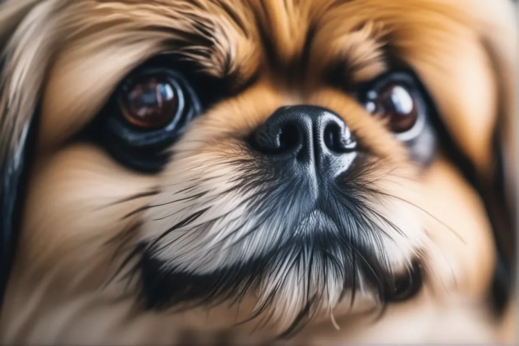 A close up of a Pekingese dogs face highlighting the characteristic facial structure and skin fold