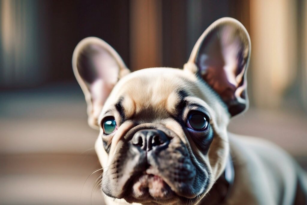 A close up shot of a French Bulldog puppy with a friendly and pleasant expression