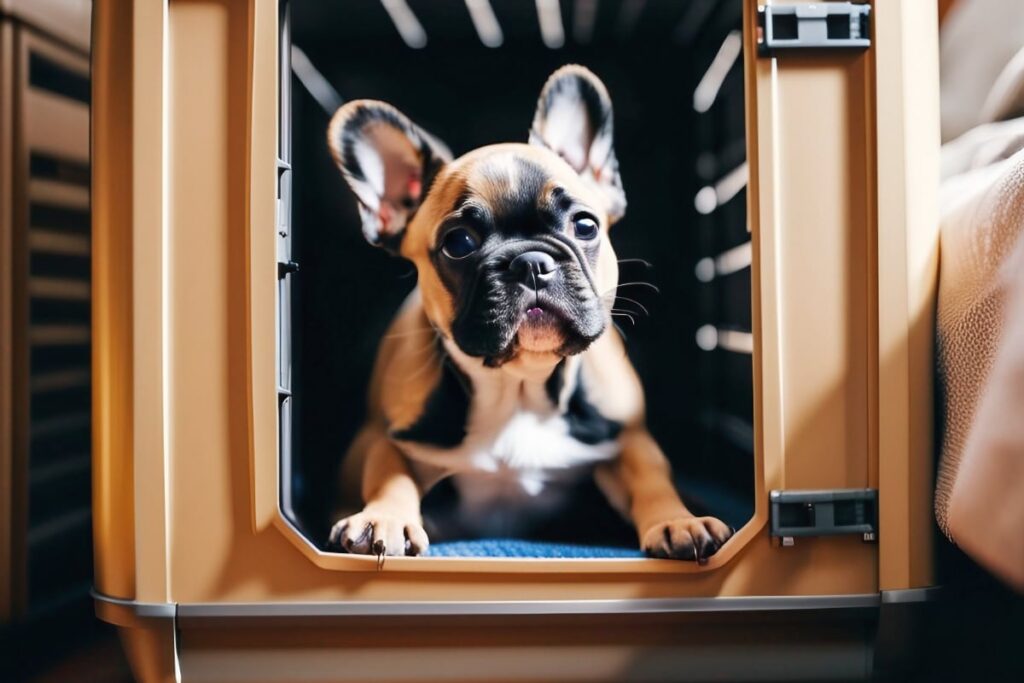 A cute French Bulldog puppy in a compact crate