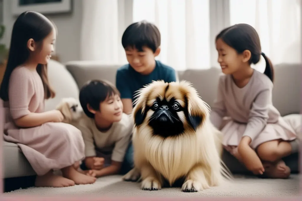 A family scene featuring a Pekingese as a family friendly pet interacting with older children