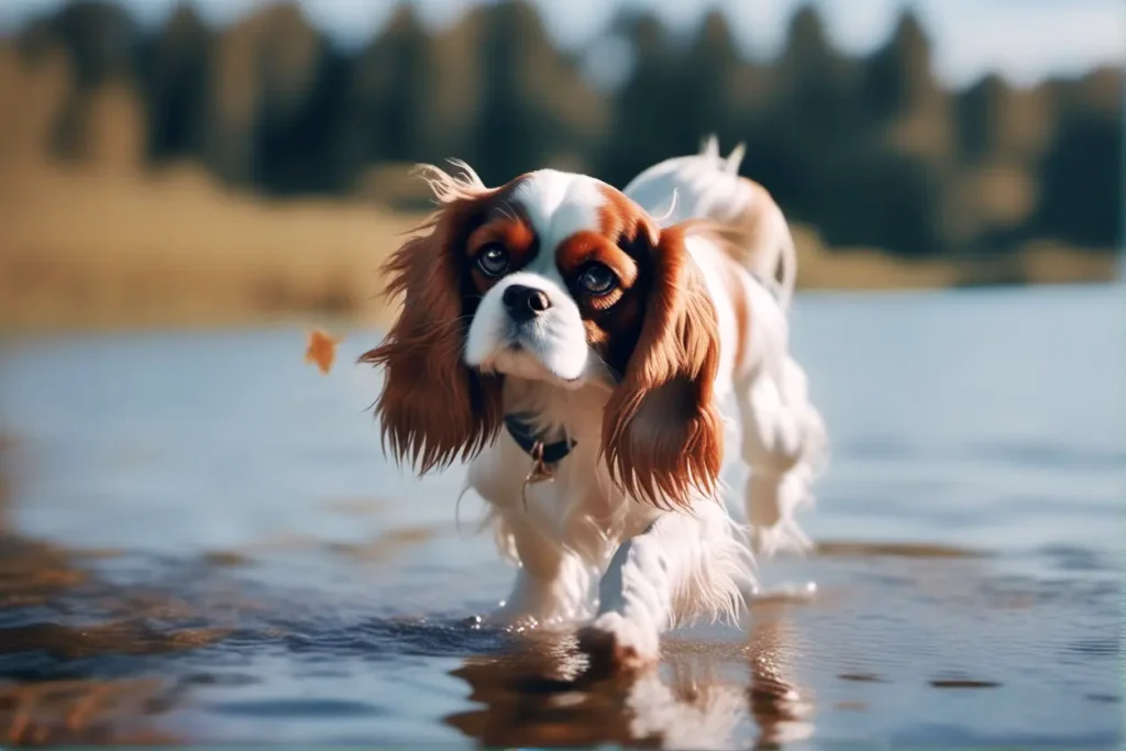 A fluffy Cavalier King Charles Spaniel curiously pawing at the waters edge of a calm lake