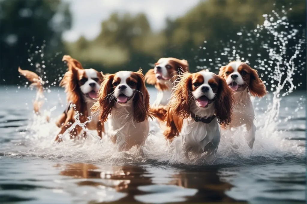 A group of Cavaliers playfully splashing in the water showcasing their enjoyment of swimming