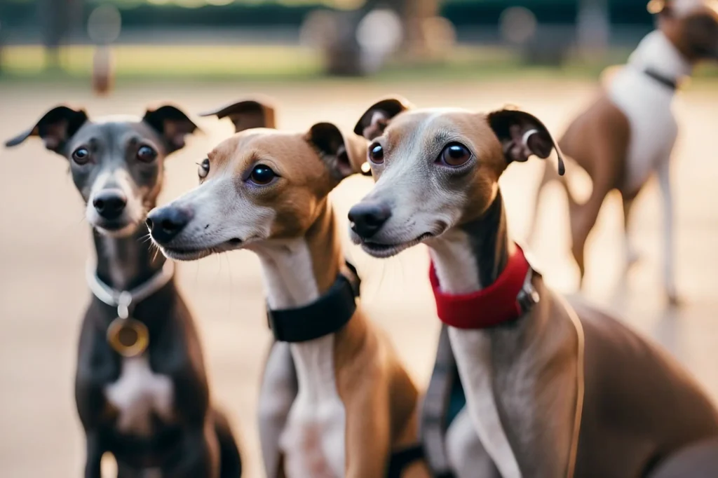 A group of Italian Greyhounds socializing and playing at a dog park in Rome