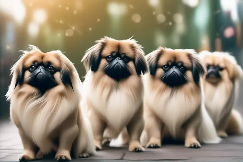 A group of diverse Pekingese dogs showing their distinctive flat faces and luxurious coats