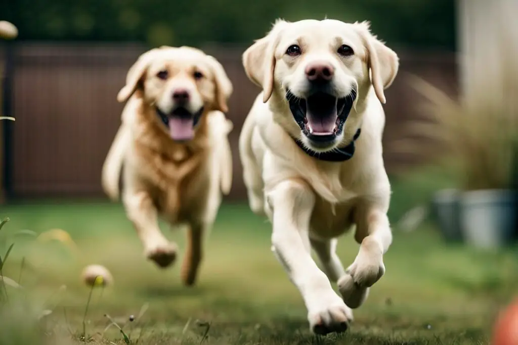 A happy Labrador Retriever running joyfully in the backyard