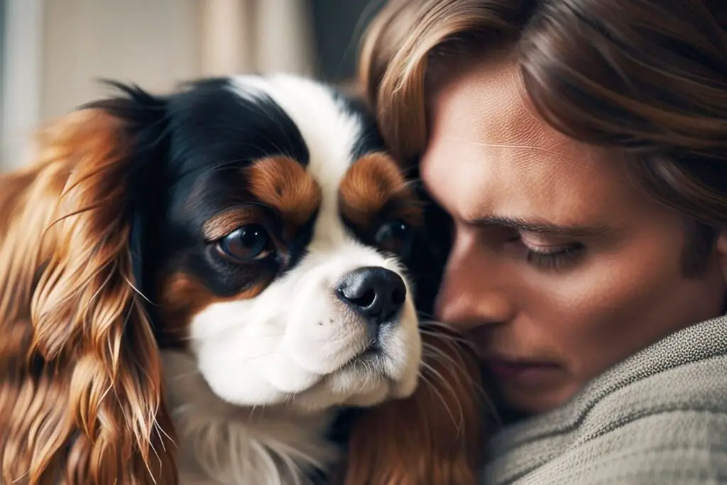 A loving Cavalier King Charles Spaniel snuggling up to its owner providing solace and comfort