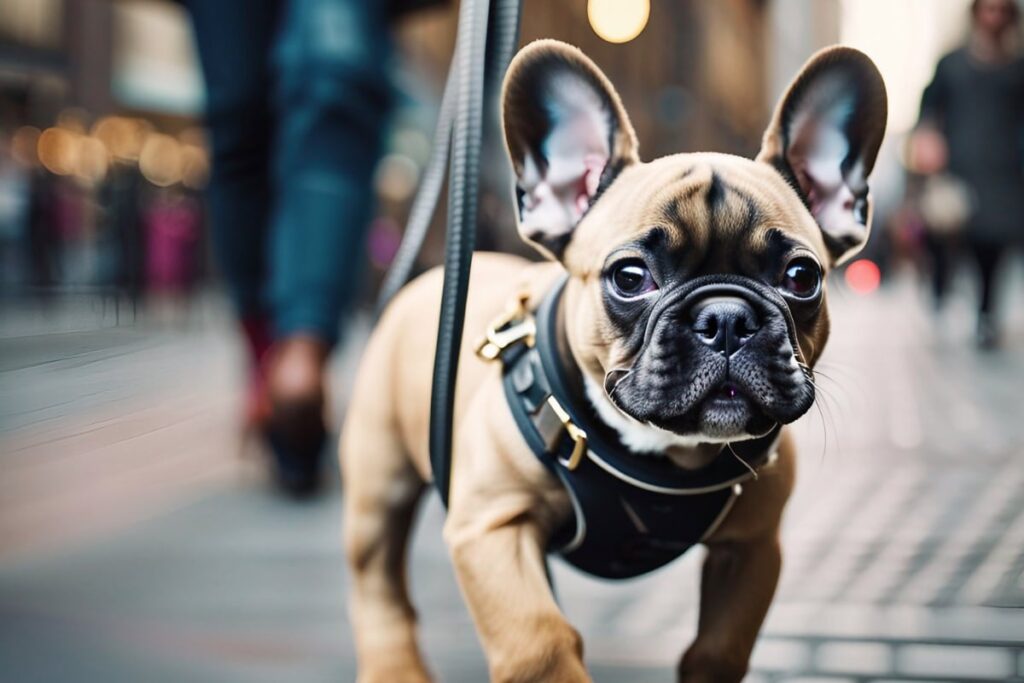 A playful French Bulldog puppy strolling on a leash
