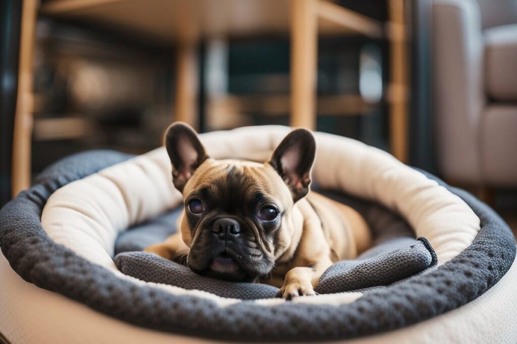 A small French Bulldog fitting comfortably in a miniature pet bed
