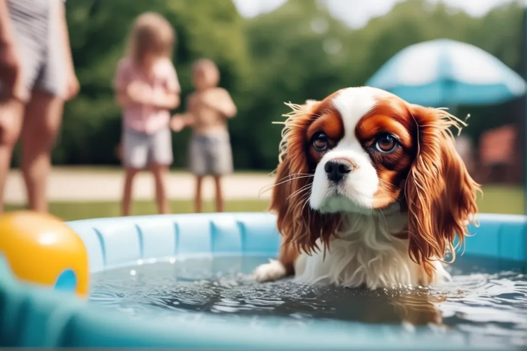 A timid Cavalier King Charles Spaniel being introduced to a kiddie pool filled with shallow water