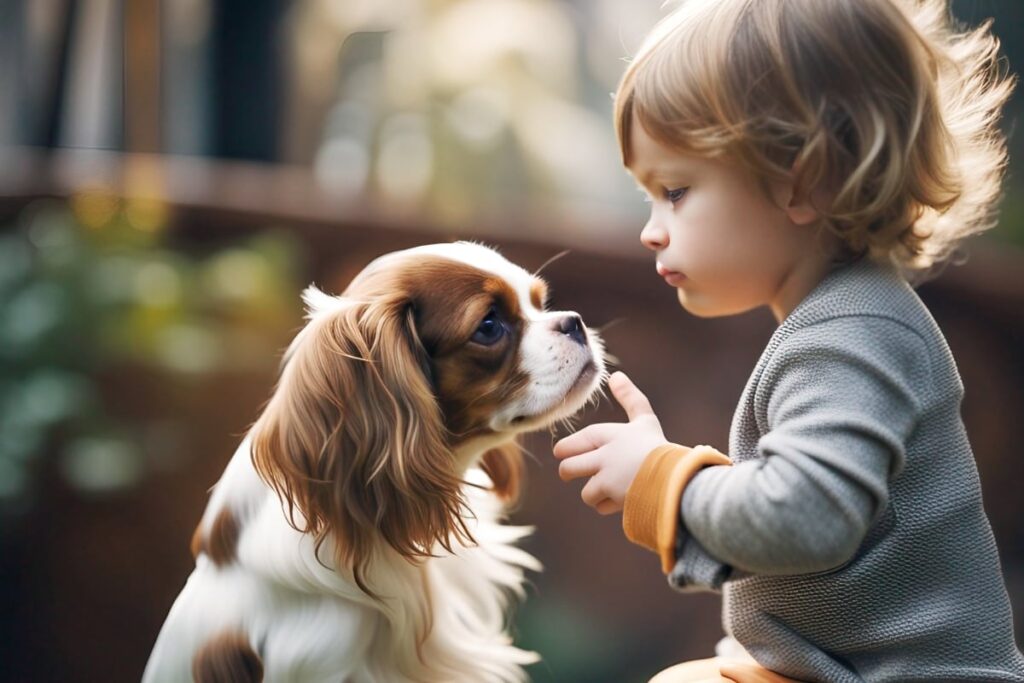 A young Cavalier King Charles Spaniel interacting positively with a toddler