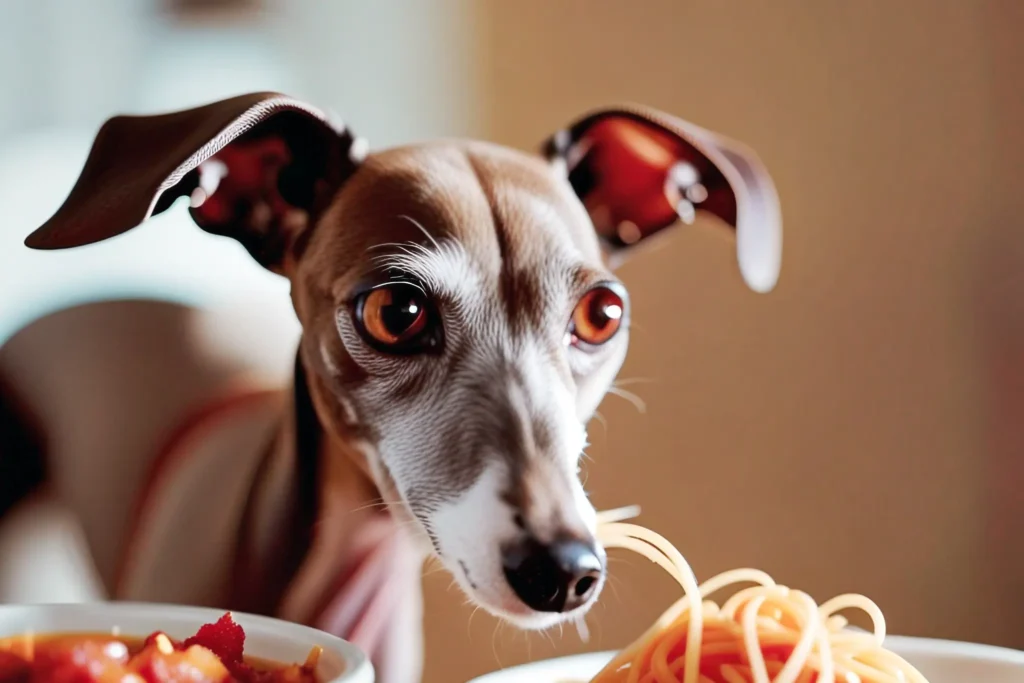 An Italian Greyhound curiously sniffing a bowl of spaghetti Bolognese